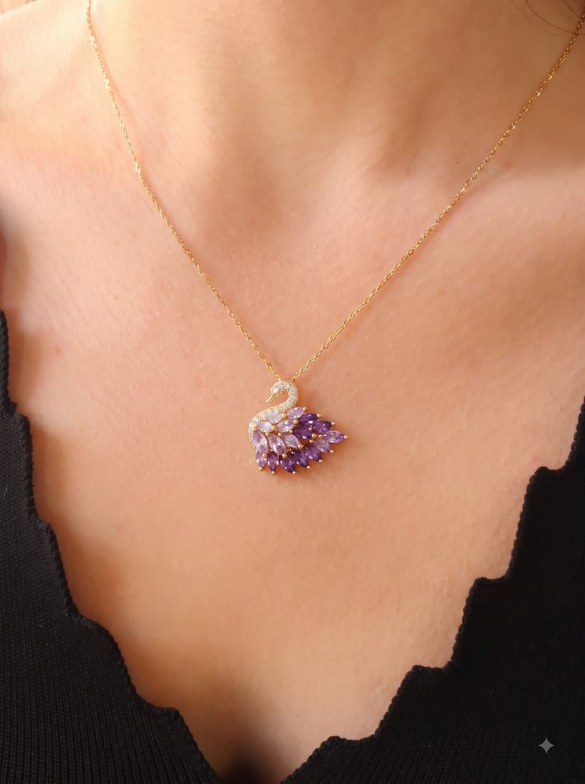 Gold Swan Pendant Necklace with Purple Crystals