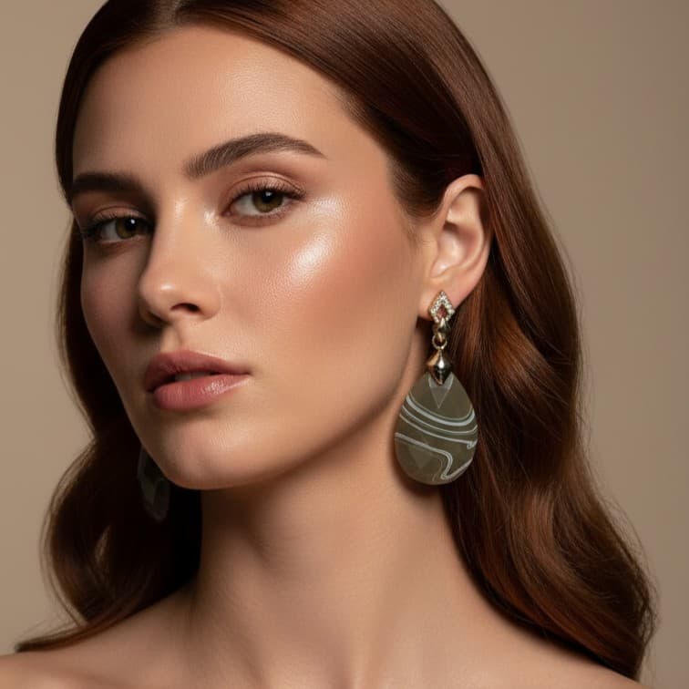 Gold-Tone Grey Agate Teardrop Earrings with Crystal Top – Natural Stone Drop Earrings for Women