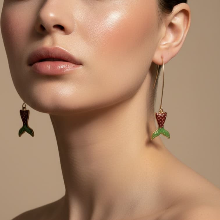 Gold-Tone Mermaid Tail Charm Earrings with Enamel Detailing – Long Wire Threader Earrings for Women