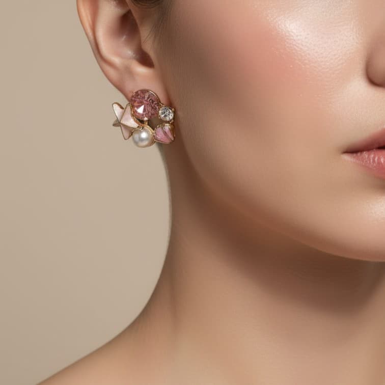 Blush Pink Crystal & Pearl Floral Stud Earrings for Women
