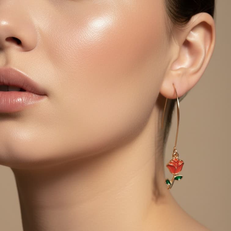 Gold-Tone Rose Charm Earrings with Red and Green Enamel – Long Wire Threader Earrings for Women