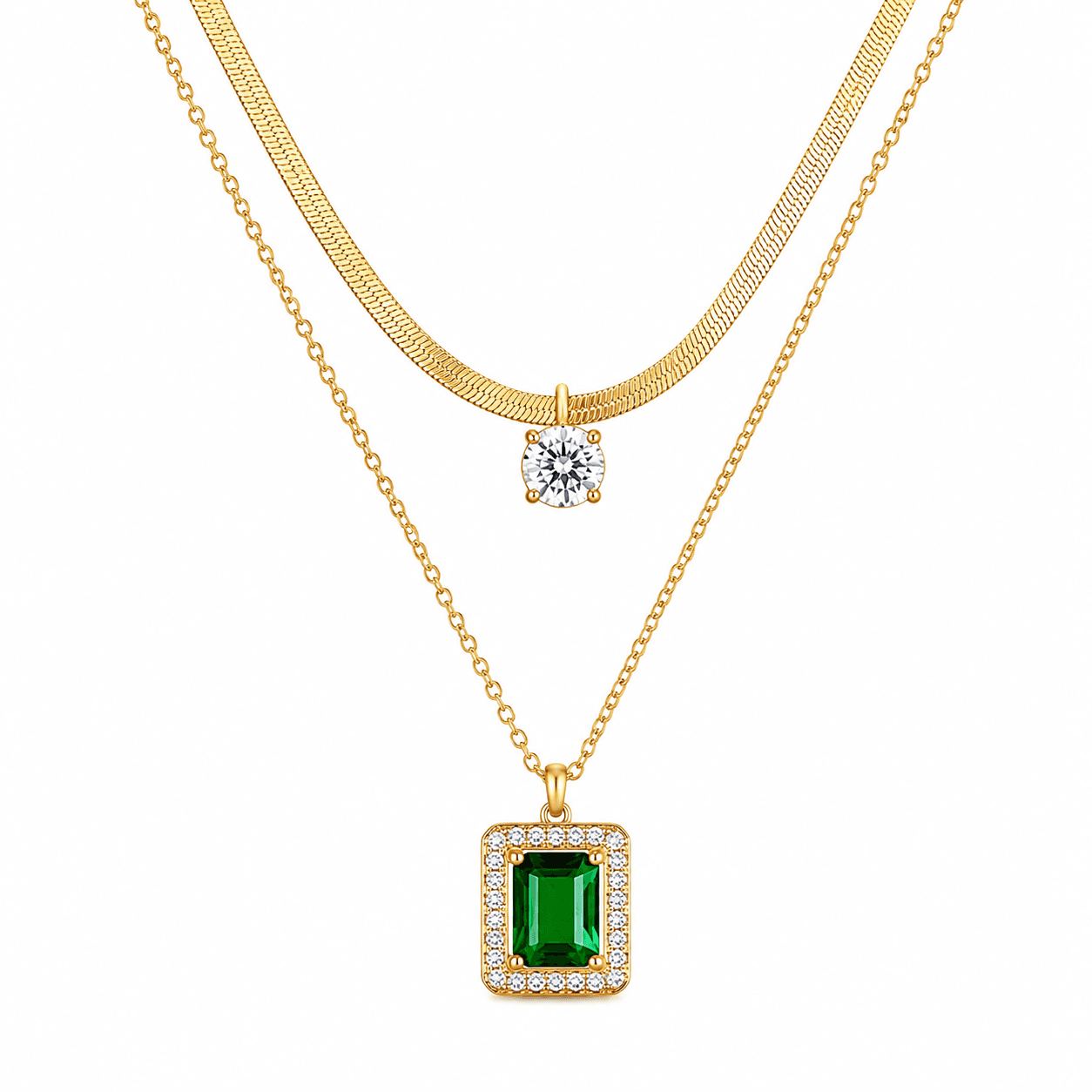 Layered Gold Necklace with Emerald Halo Pendant – Double Chain Necklace Set