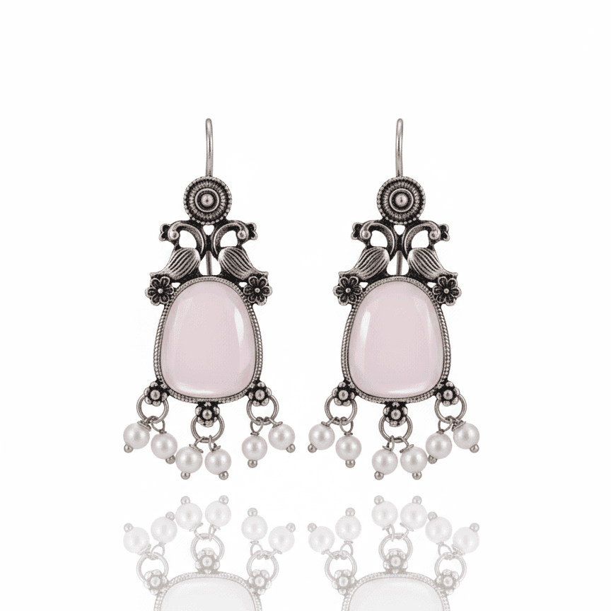 Oxidized Silver Pink Stone Earrings with Pearl Drops – Peacock Design Danglers for Women