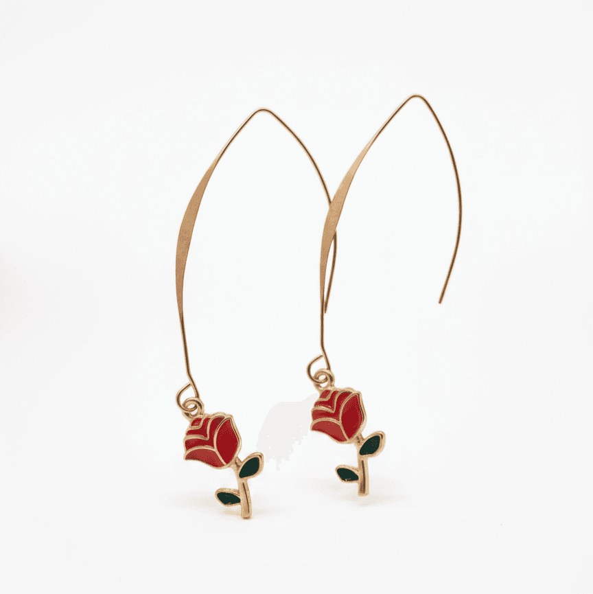 Gold-Tone Rose Charm Earrings with Red and Green Enamel – Long Wire Threader Earrings for Women