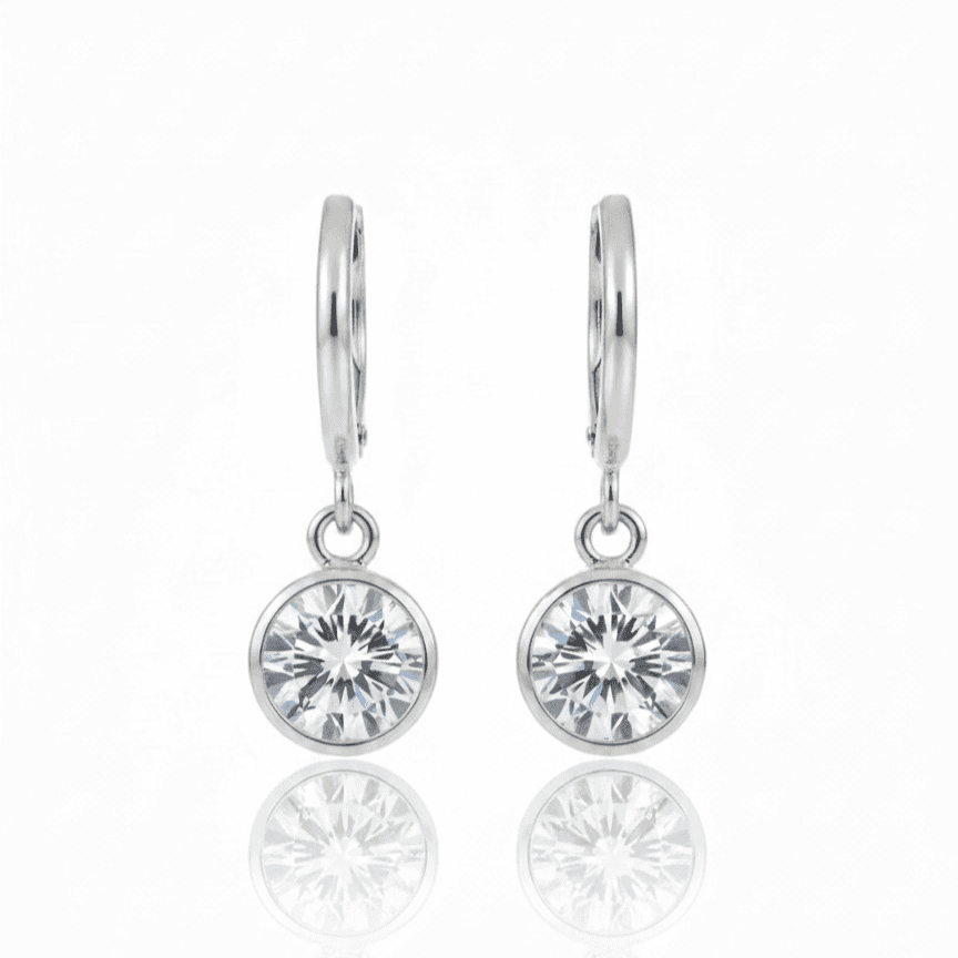 Silver Solitaire Drop Earrings – Round Stone Huggie Hoops for Women
