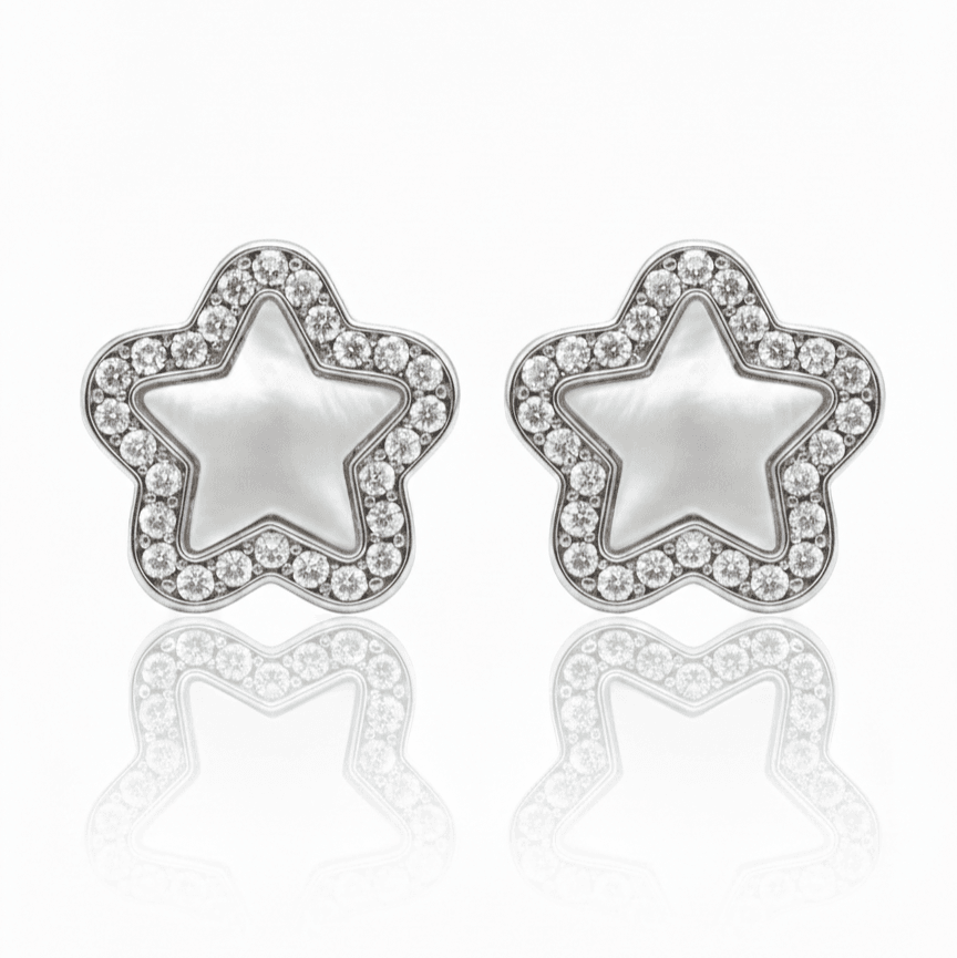 Stela Star Stud Earrings with Mother of Pearl and Crystal Border – Sparkling Studs for Women