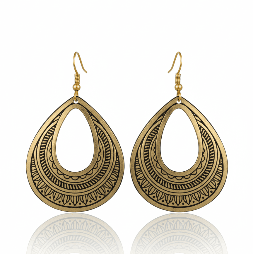 Antique Gold Teardrop Earrings with Tribal Engraved Design – Boho Statement Earrings for Women