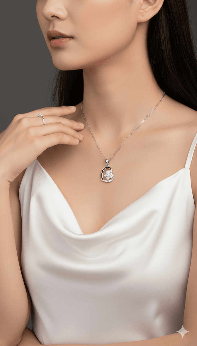 Silver Heart & Butterfly Pendant Necklace with Black Enamel & Crystals