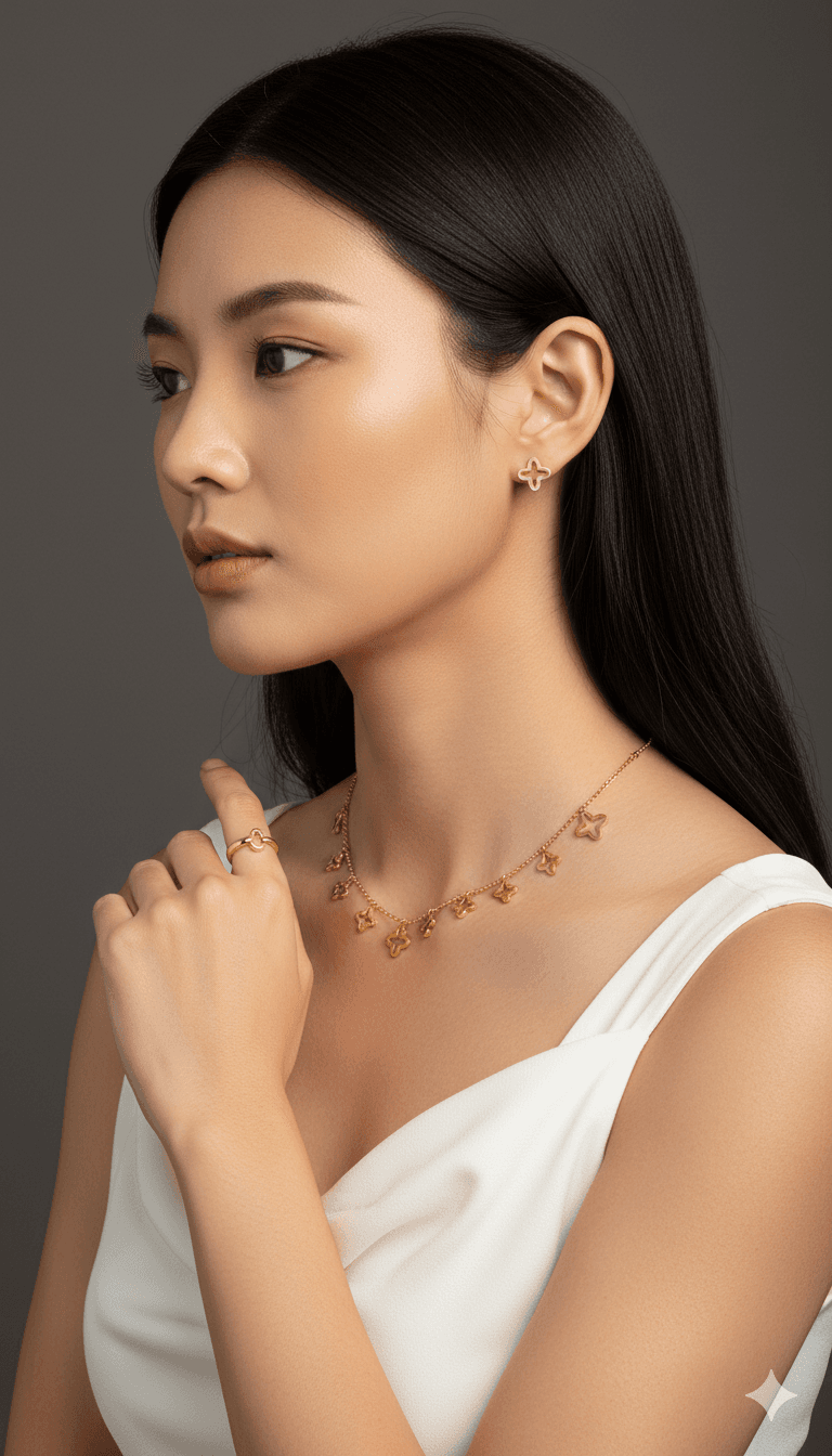 Gold Clover Charm Necklace & Earring Set