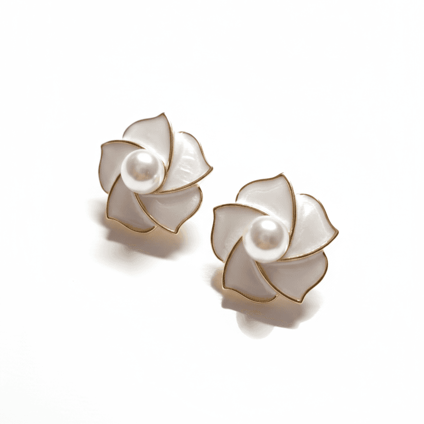 Gold-Tone Flower Stud Earrings with White Enamel Petals and Pearl Center – Statement Studs for Women