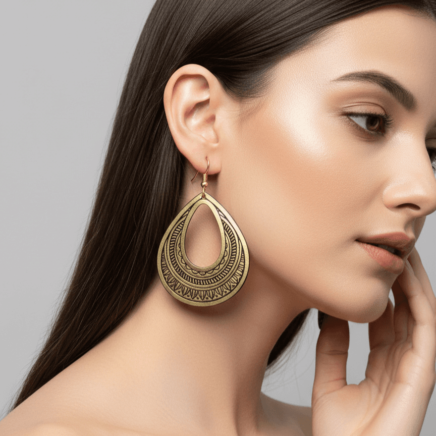 Antique Gold Teardrop Earrings with Tribal Engraved Design – Boho Statement Earrings for Women