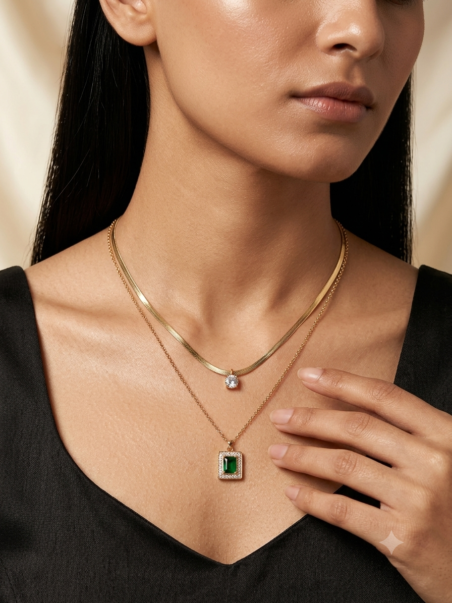 Layered Gold Necklace with Emerald Halo Pendant – Double Chain Necklace Set