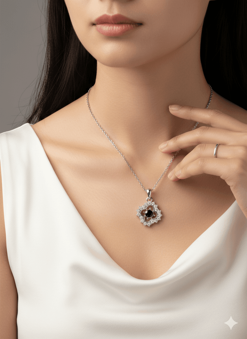 Silver Black Onyx Clover Halo Pendant Necklace