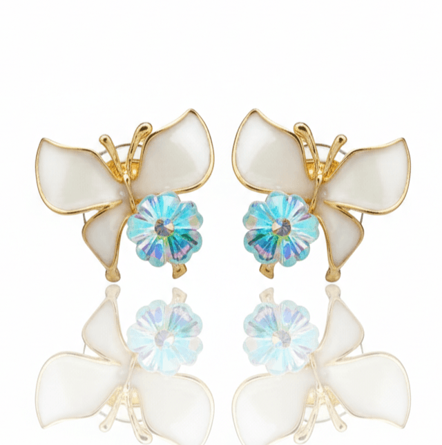 Gold-Tone Butterfly Stud Earrings with White Enamel Wings and Crystal Flower Center – Statement Studs for Women