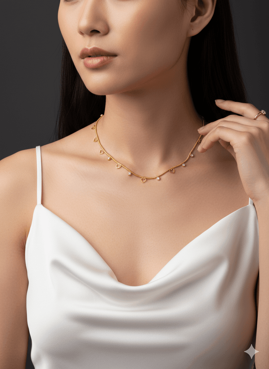 Gold Herringbone Necklace with Heart & Crystal Charms