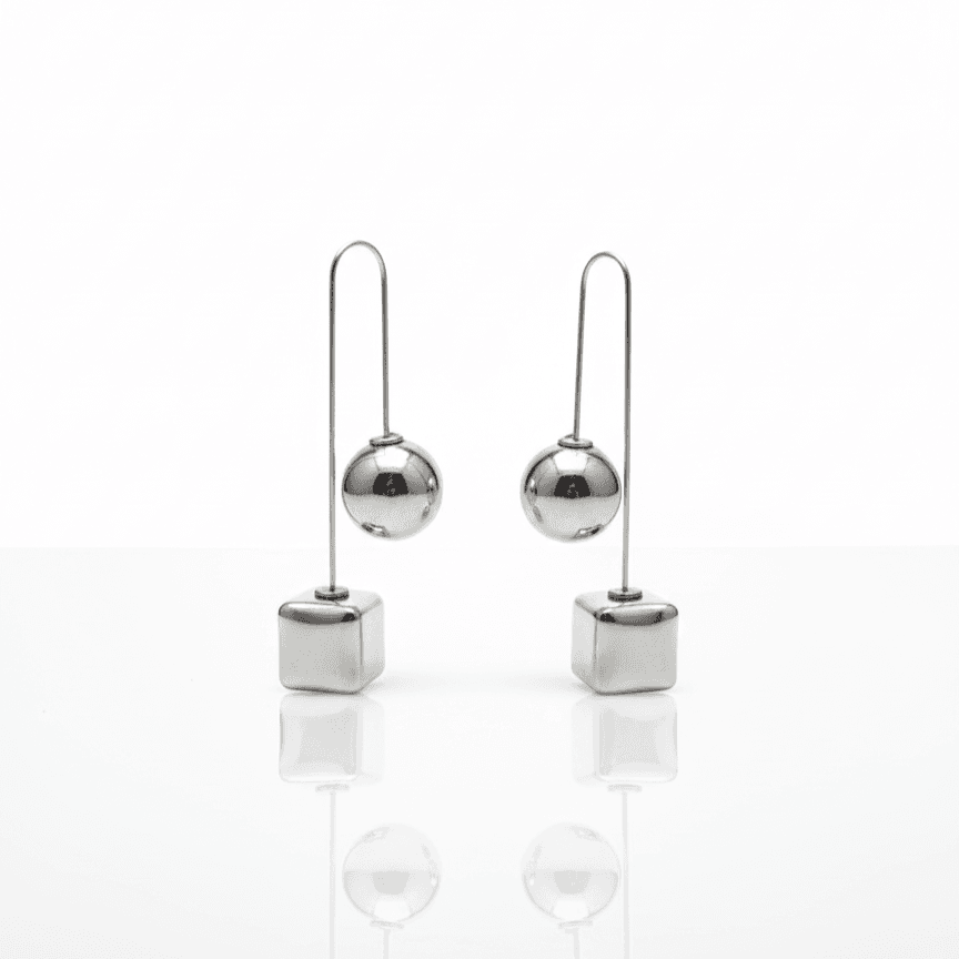 Silver Ball and Cube Drop Earrings – Geometric Threader Earrings for Women
