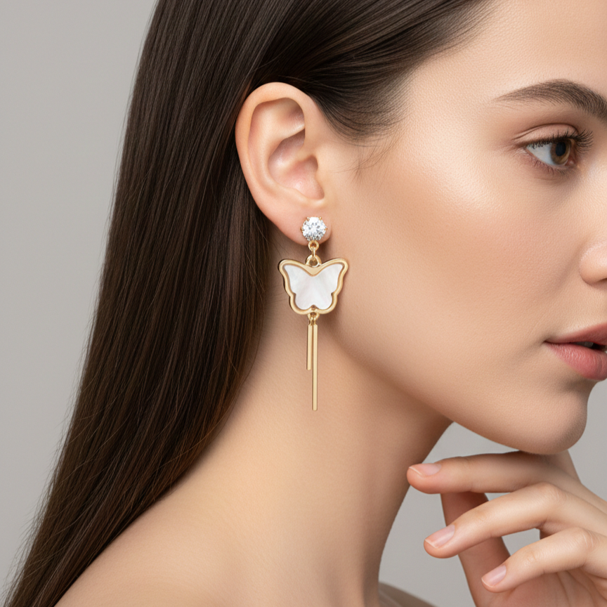 Gold-Tone Butterfly Earrings with Mother of Pearl and Crystal Stud – Tassel Drop Earrings for Women