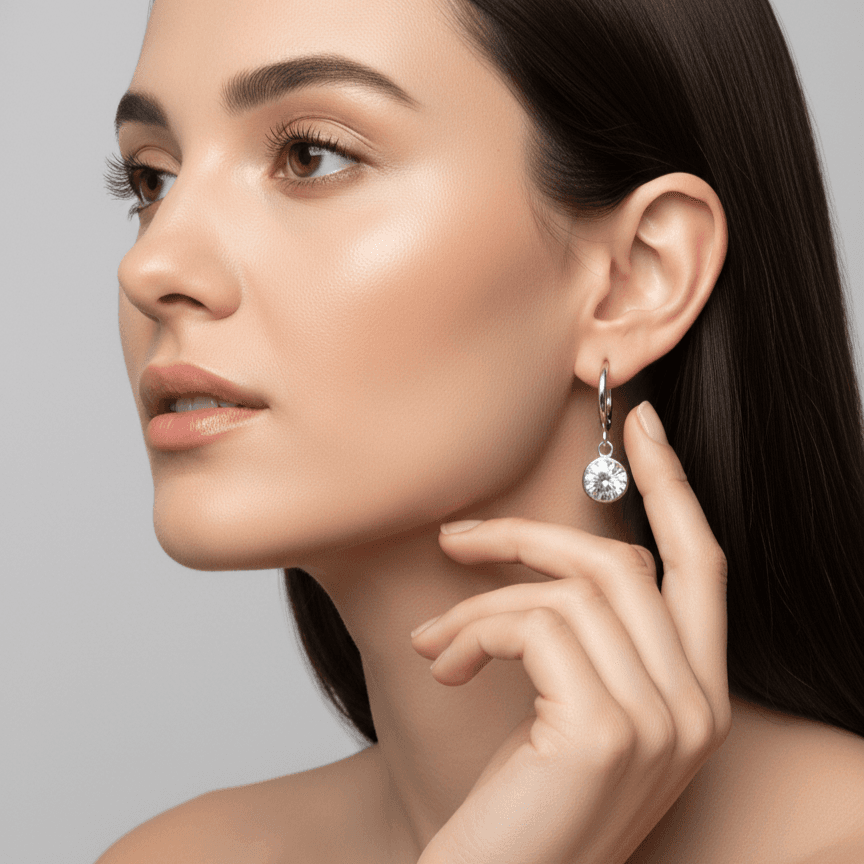 Silver Solitaire Drop Earrings – Round Stone Huggie Hoops for Women