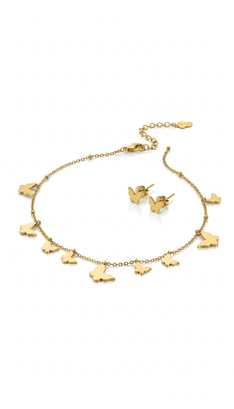 Gold Butterfly Charm Necklace & Earring Set