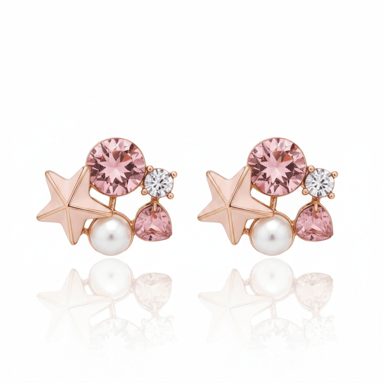 Blush Pink Crystal & Pearl Floral Stud Earrings for Women