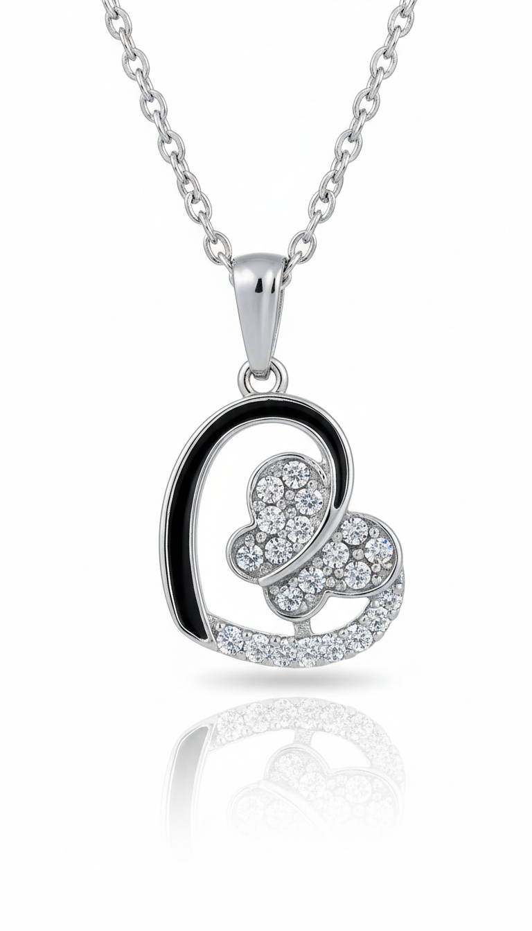 Silver Heart & Butterfly Pendant Necklace with Black Enamel & Crystals