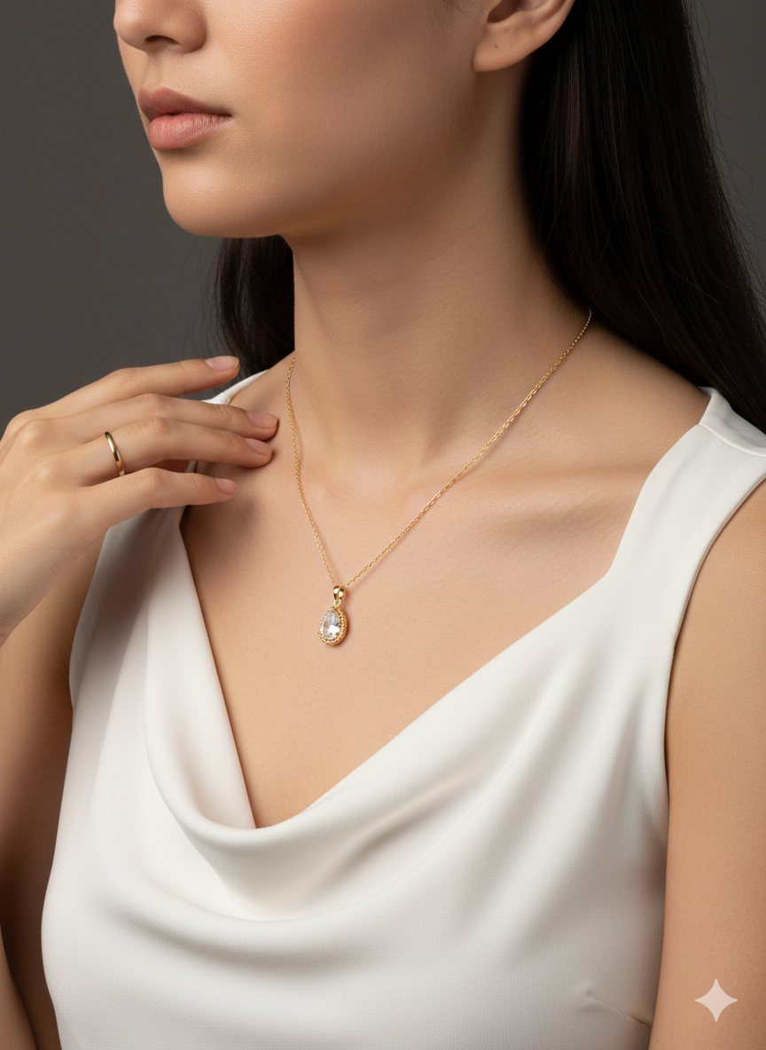 Korean Pendant Necklace – Gold Teardrop CZ Chain Pendant