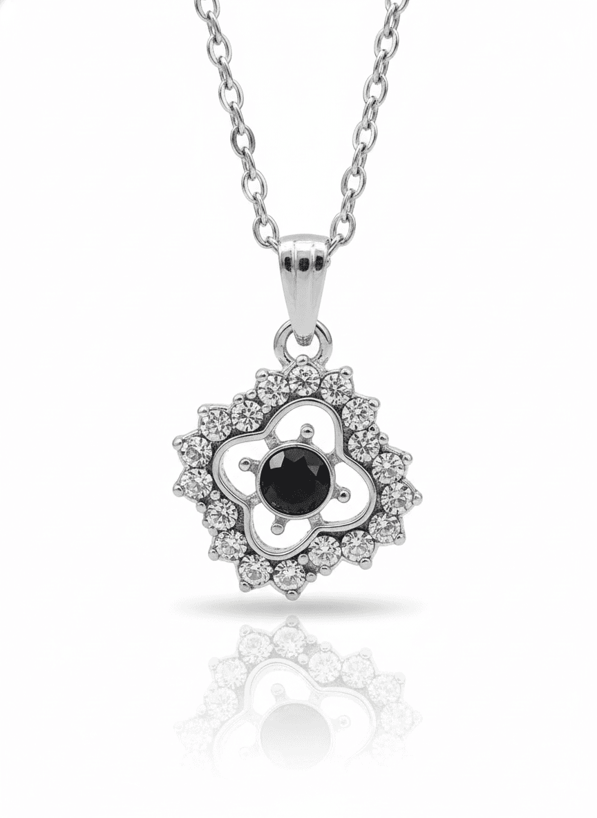 Silver Black Onyx Clover Halo Pendant Necklace