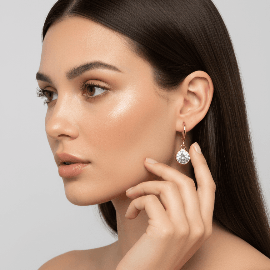 Gold-Tone Solitaire Drop Earrings – Round Stone Huggie Hoops for Women