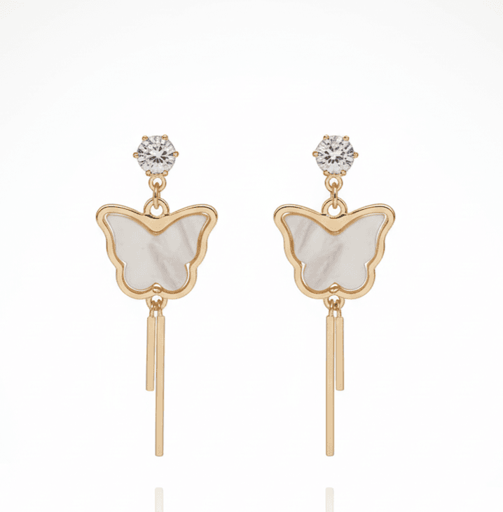 Gold-Tone Butterfly Earrings with Mother of Pearl and Crystal Stud – Tassel Drop Earrings for Women