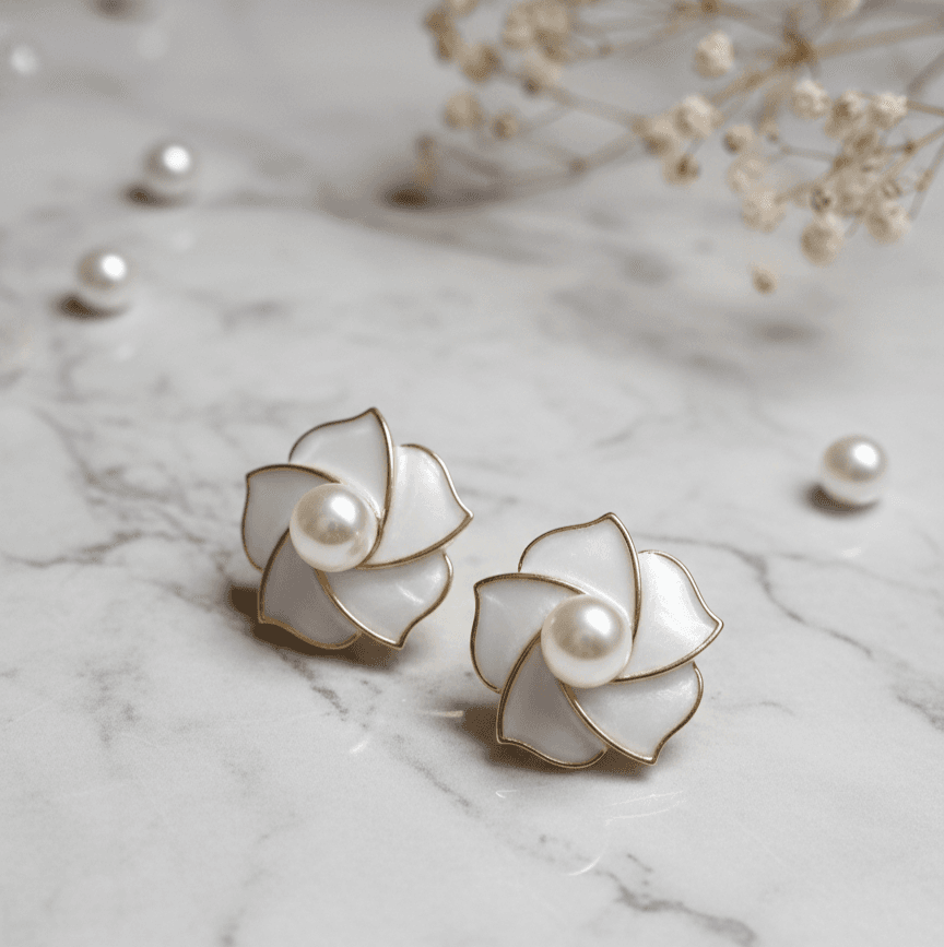 Gold-Tone Flower Stud Earrings with White Enamel Petals and Pearl Center – Statement Studs for Women