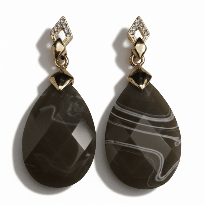 Gold-Tone Grey Agate Teardrop Earrings with Crystal Top – Natural Stone Drop Earrings for Women