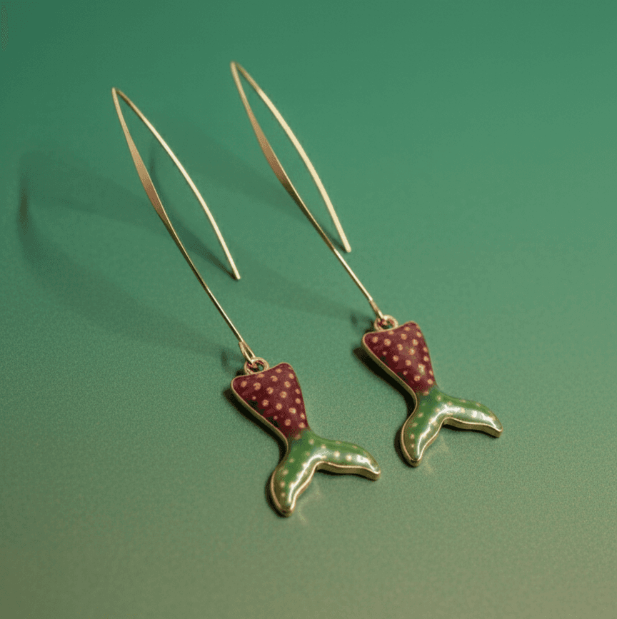 Gold-Tone Mermaid Tail Charm Earrings with Enamel Detailing – Long Wire Threader Earrings for Women