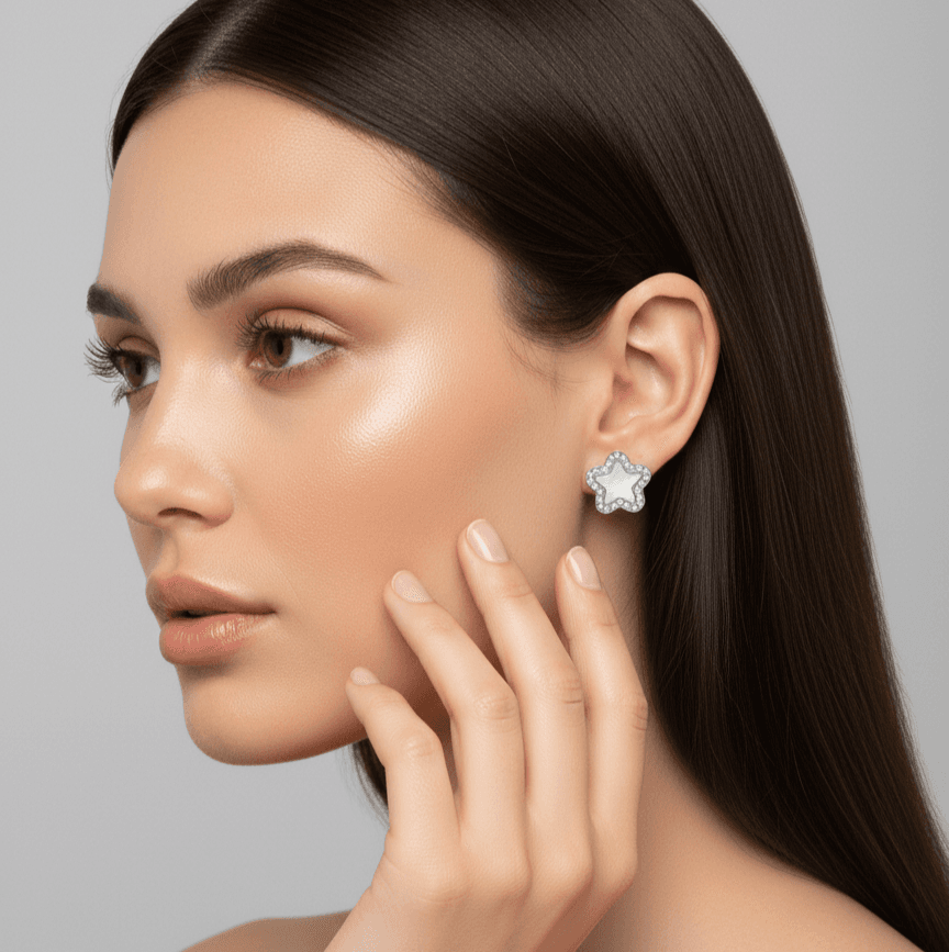 Stela Star Stud Earrings with Mother of Pearl and Crystal Border – Sparkling Studs for Women