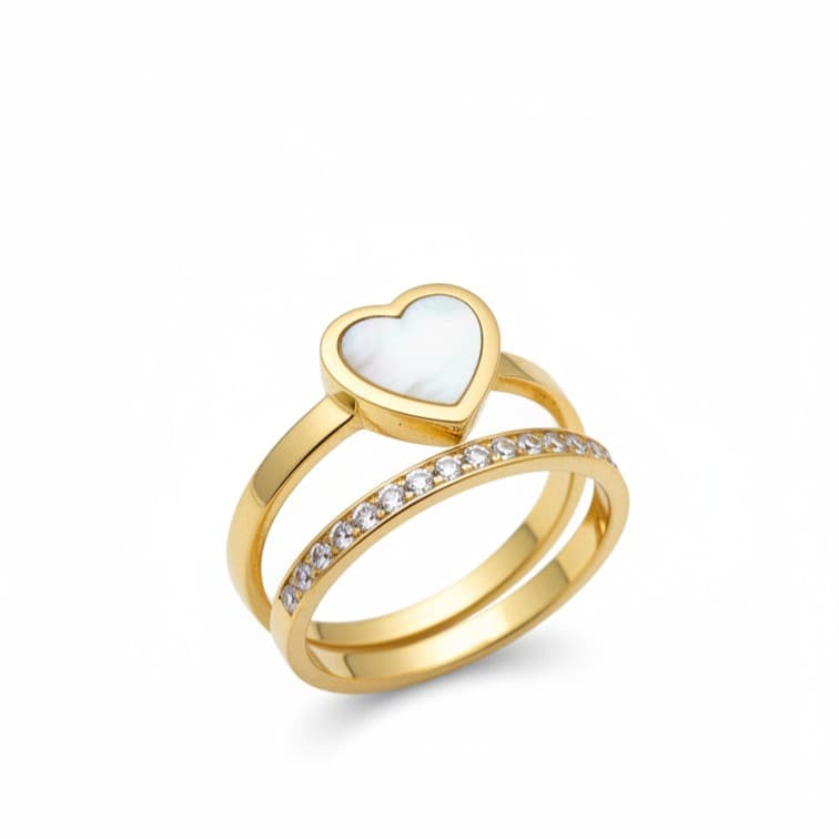 Gold-Tone Heart Ring with Mother of Pearl and Crystal Double Band – Stackable Ring for Women