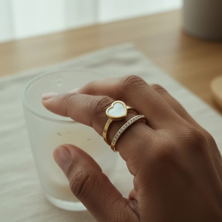 Gold-Tone Heart Ring with Mother of Pearl and Crystal Double Band – Stackable Ring for Women