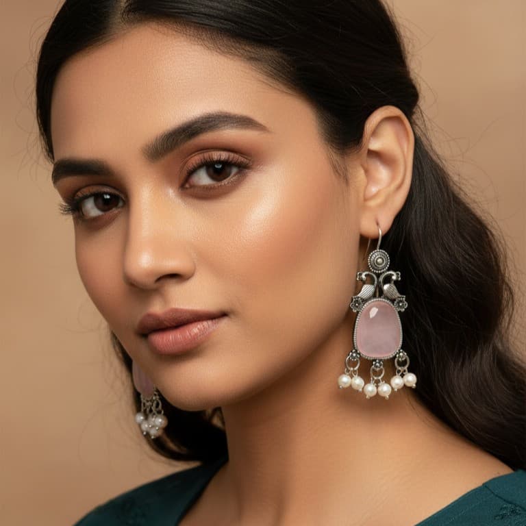 Oxidized Silver Pink Stone Earrings with Pearl Drops – Peacock Design Danglers for Women