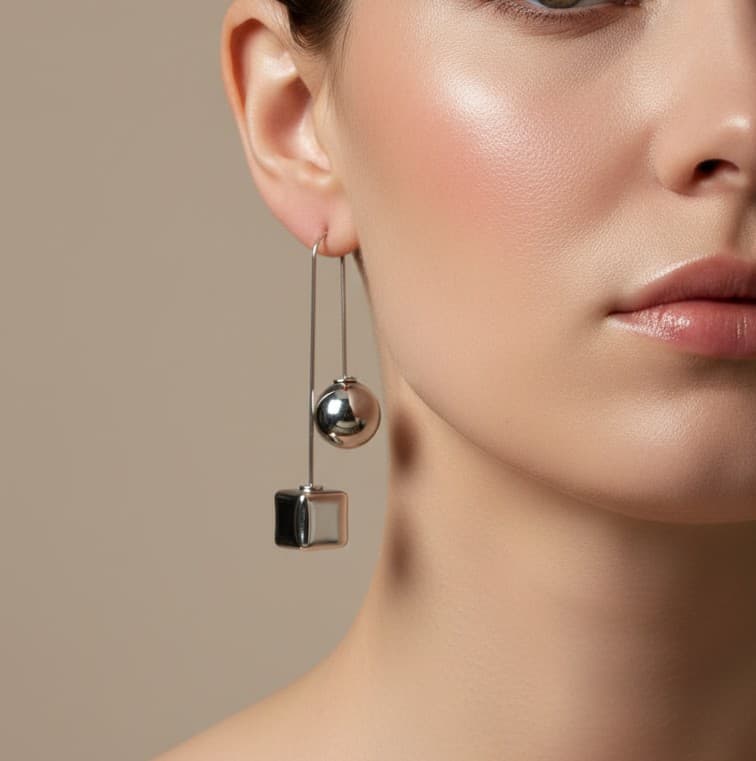 Silver Ball and Cube Drop Earrings – Geometric Threader Earrings for Women