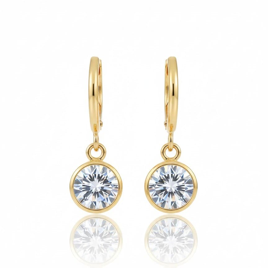 Gold-Tone Solitaire Drop Earrings – Round Stone Huggie Hoops for Women