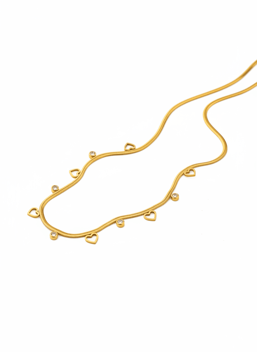 Gold Herringbone Necklace with Heart & Crystal Charms