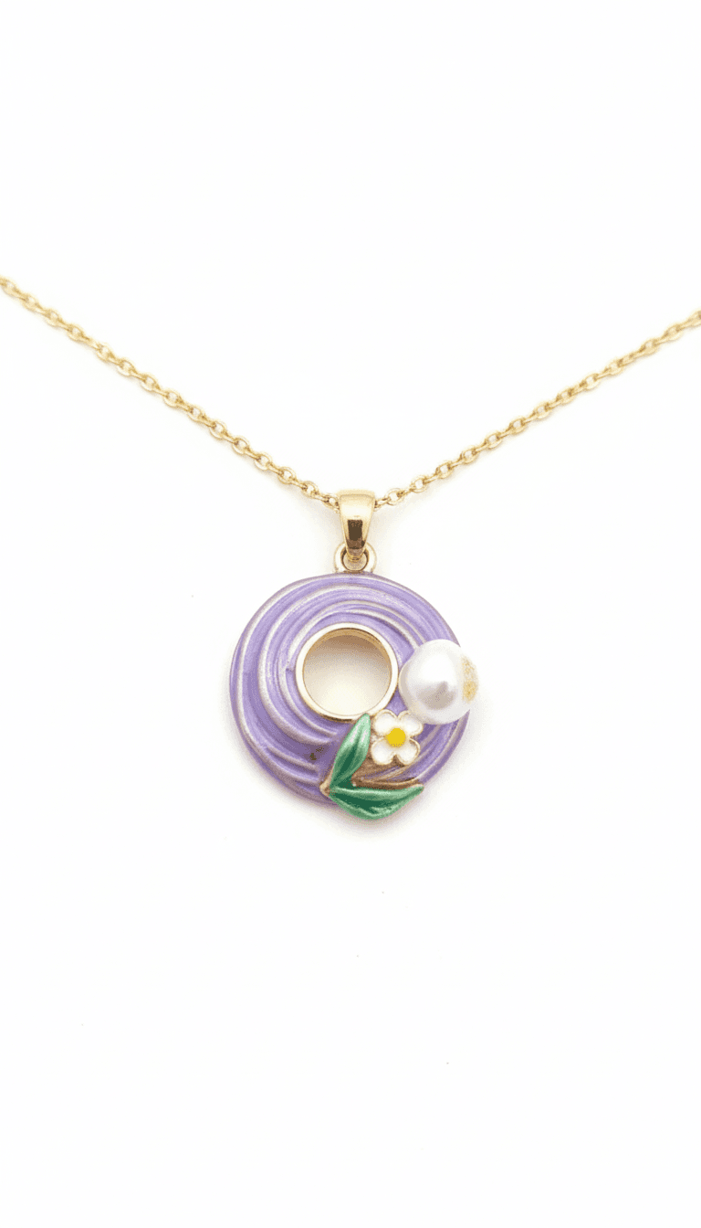 Gold Purple Enamel Donut Pendant Necklace with Pearl & Flower