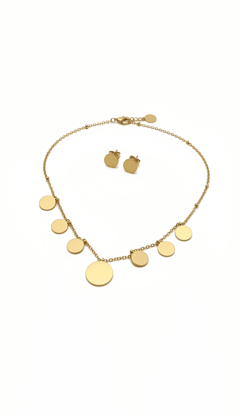 Gold Coin Disc Necklace & Earring Set