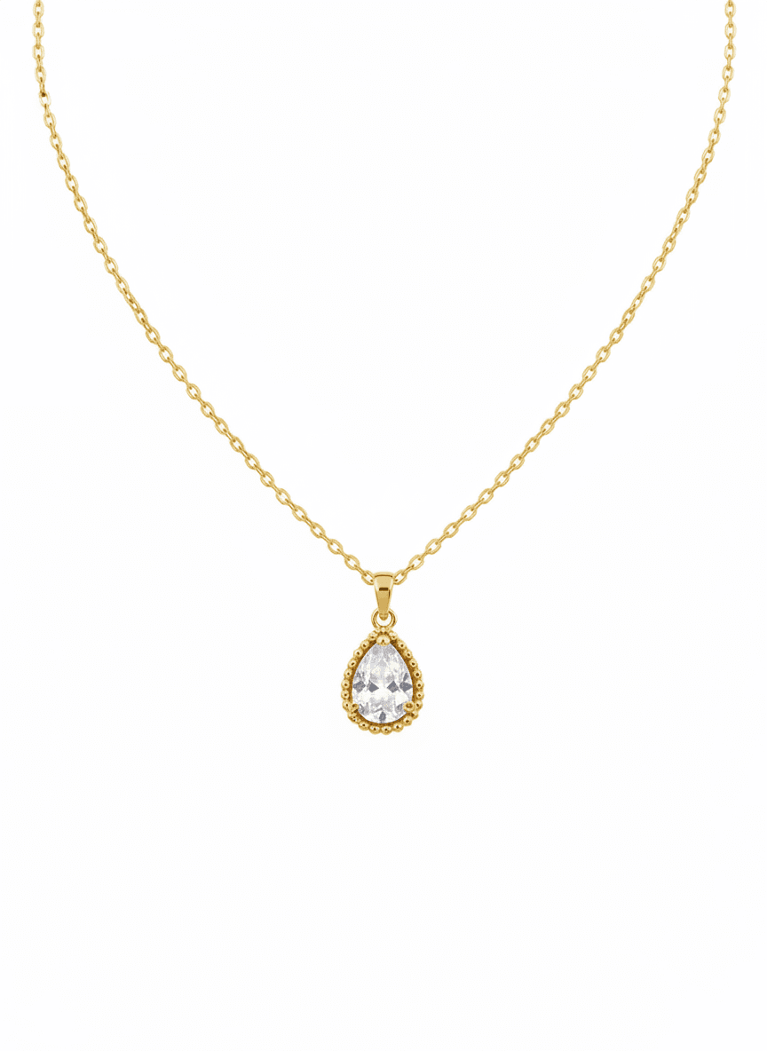 Korean Pendant Necklace – Gold Teardrop CZ Chain Pendant
