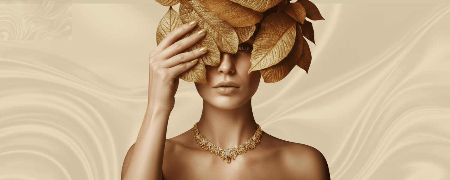 Model wearing layered gold jewellery