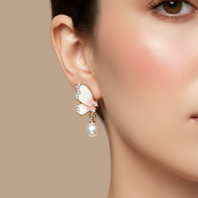 Blush Pink Butterfly Pearl Drop Earrings