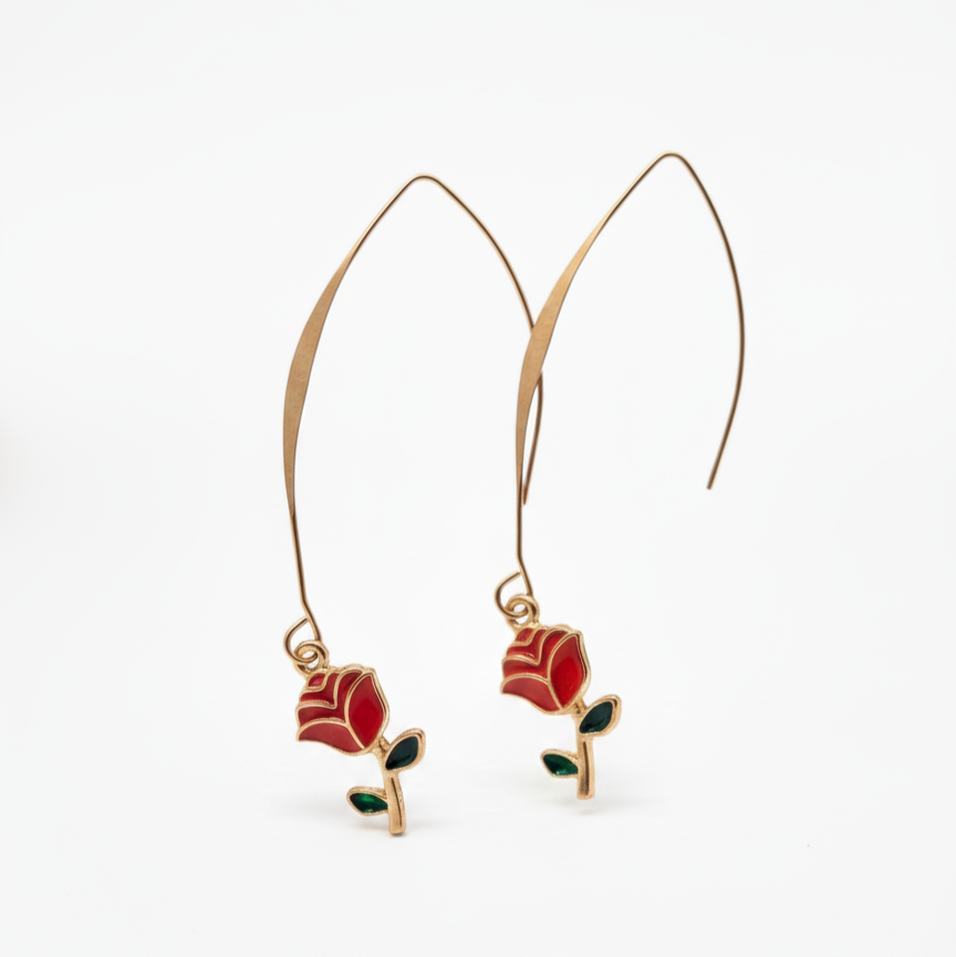 Rose Red Enamel Floral Drop Earrings for Women